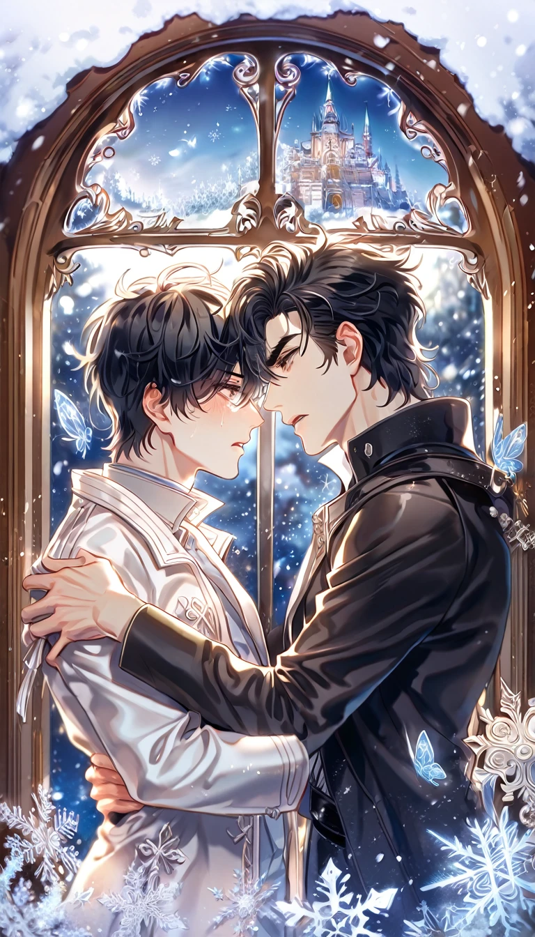 (absurdres, highres, ultra detailed, HDR) master piece, best quality, extremely detailed face, delicated features, Yoo Joonghyuk holding Kim Dokja in his arms, black hair, expressive brown eyes, Omniscient Reader's Viewpoint, two men together, yaoi, gay couple, dying, clothes stained with blood, sadness, tears, crying, black coat, white coat, castle, window, snow, snowflakes, ice butterflies