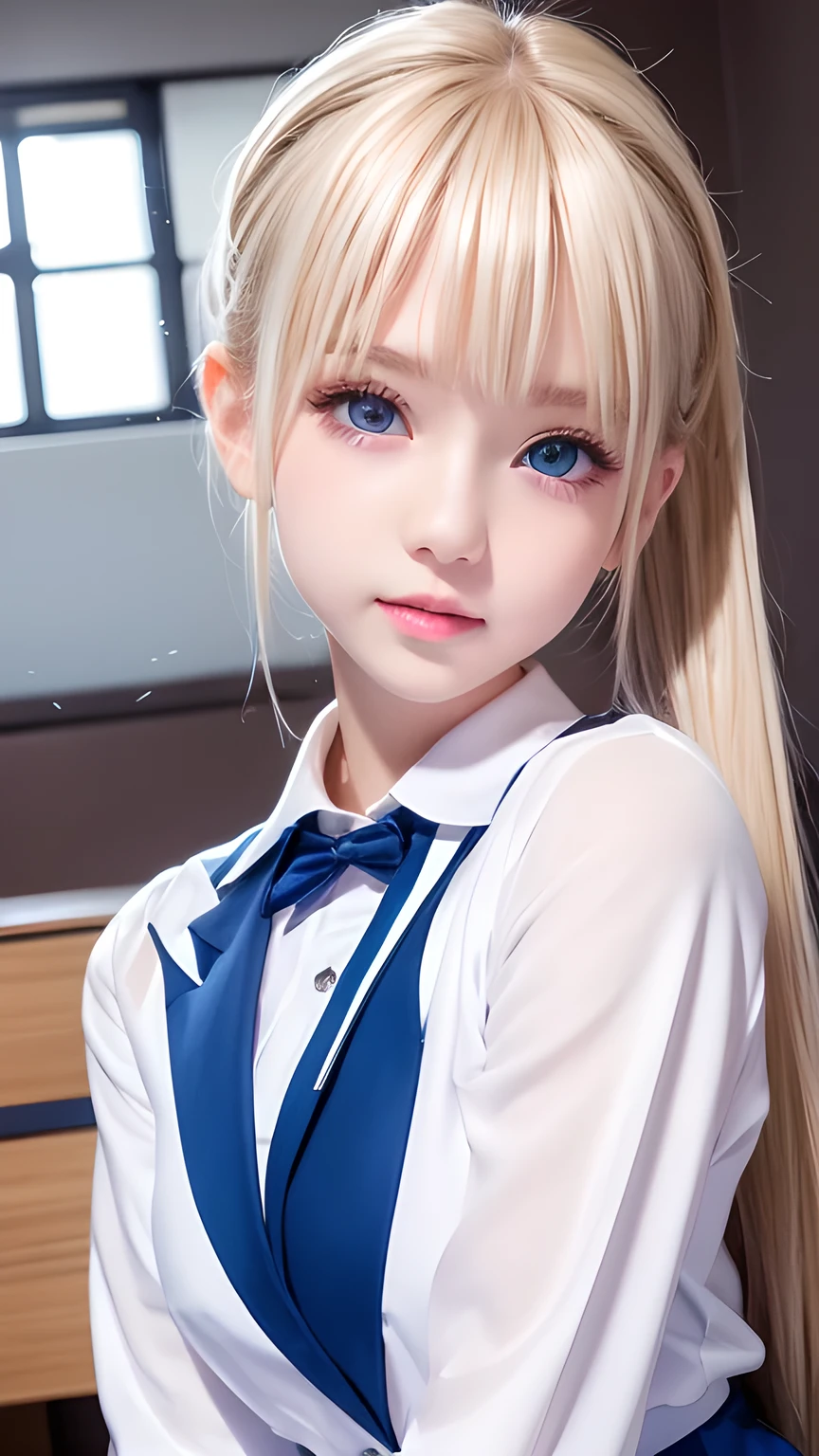 Portrait、School uniforms、Bright expression、ponytail、Young shiny glossy white glossy skin、Great looks、Blonde reflection、Platinum blonde hair with highlights、Shiny bright hair,、Smooth, super long, straight hair、Shiny beautiful bangs、Sparkling, crystal clear, attractive big blue eyes、Very beautiful, lovely and cute 16 year old girl、Ample Bust