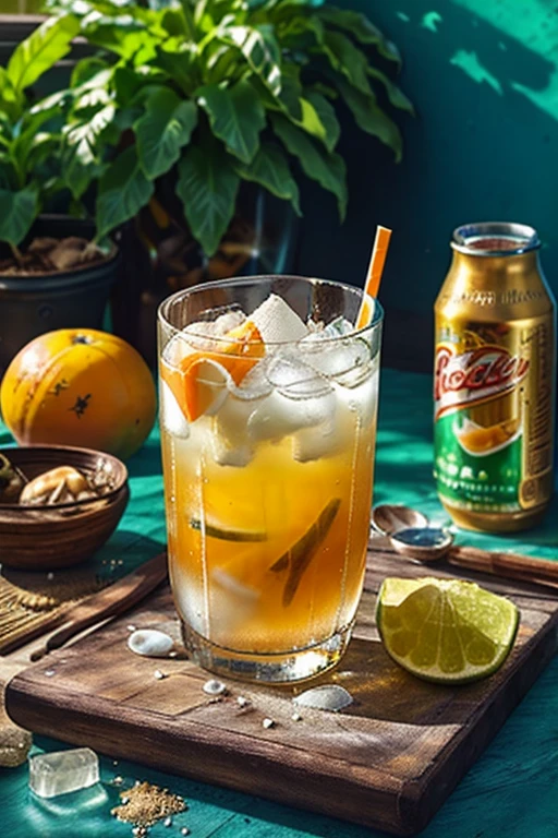 (masterpiece:1.2, Highest quality,Highest quality,Super detailed:1.2),(Very detailed),8k,(Photorealistic),(RAW Photos:1.2),A clear, stylish glass on the table contains melon soda.,Carbonated bubbles,straw,Carbonated water with ice cream on top,Beach under the scorching sun,(Beautiful blue sky),((Sunlight reflecting off the glass)),(Cool looking photo), Papaya salad,