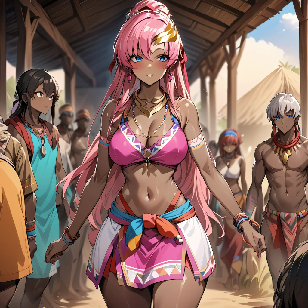 ((Highest quality)), ((masterpiece)), (detailed), （Perfect Face）、The woman is Lacus Clyne, a black-skinned woman with blue eyes and medium-long pink hair, a hair ornament, a colorful headscarf, tribal accessories such as tribal necklaces and tribal earrings, and is an indigenous African woman wearing colorful indigenous tribal clothing.、A woman is getting married to a strong man from her tribe in a Native African tribal village.