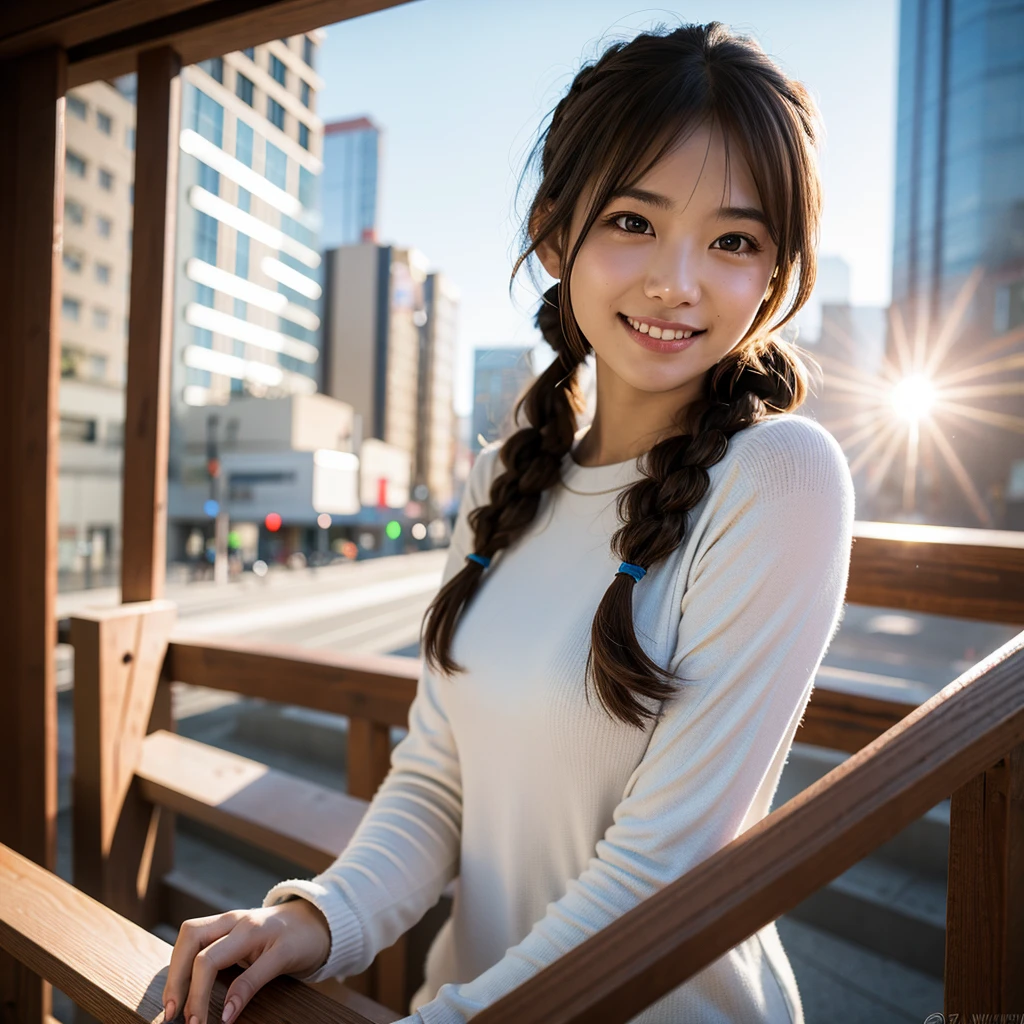 Highest quality,master piece,incredibly absurdres,high resolution,lens flare,a girl, one girl,solo focus,alone,full body,perfect anatomy,8k,a girl, one girl,solo focus,alone,Japanese women,26 years old,Beautiful eyes,Detailed eyes,smile,teeth,hand on the, french braid hair(brown),Large Breasts,valley,Casual Style,The background is the city,one girl