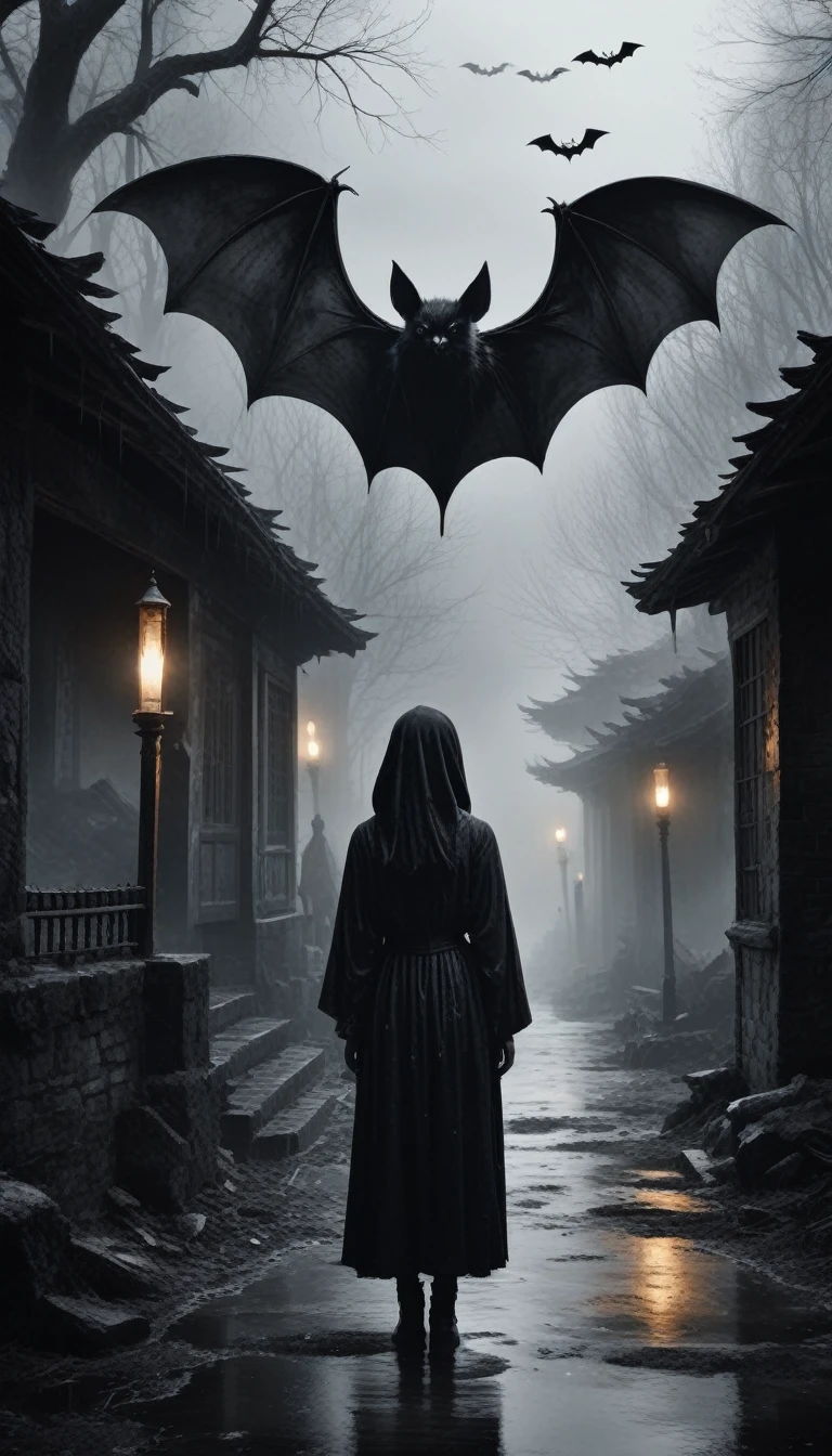 ((Black and white:1.5)),(dark horror theme:1.5),(thriller:1.5),(inspiration from Stephen King:1.5),(dark fantasy:1.5), (ink painting:1.5), (Black & White Color:1.5), 8 K, 4K, (landscapes:1.5),(A large number of bats are flying towards the viewer:1.5),(Destroyed:1.5),(Destroyed village:1.5),(1800s:1.5), (Destroyed theme:1.5),(many flying bats :1.5),(puddle:1.5),(Dirt roads:1.5),(absurd:1.5),(fantasy:1.5),(Best quality:1.5),(masterpiece:1.5),full body length,beautiful naked girl made of quartz-manganite,Beautiful face,An eyebrow is raised,full body shot,An ominous landscape,Fluorite-wulfenite atmosphere,author: Simon Stalenhag,Nicola Samori,(((Wangechi Muthu))),Primary colors,urban,extremely detailed,masterpiece,complex parts,faded,eyes extremely detailed, Tall detailed eyes,4K resolution,RAW, Nikon Z9,Scary City,full body length,Evil Ghost,complex parts,,orc,Stone forest in Yunnan province, China.,Best quality, ultra detailed, realistic, portraits, gloomy and creepy atmosphere, sparkling eyes, ethereal presence, hauntingly beautiful, ghostly figures, Swirling fog, Supernatural beings, demonic entity, ghostly forms, creepy whisper, A sinister aura, hauntingly pale skin, dark and twisted branches, flickering candle light, Spooky Elements, enigmatic and enigmatic, Spectral Visions, Gothic art style, hauntingly exciting, Spectral region, hauntingly melancholic, otherworldly beauty, ethereal glow, obsessively stalking, chilling and atmospheric, eerie and ominous lighting.