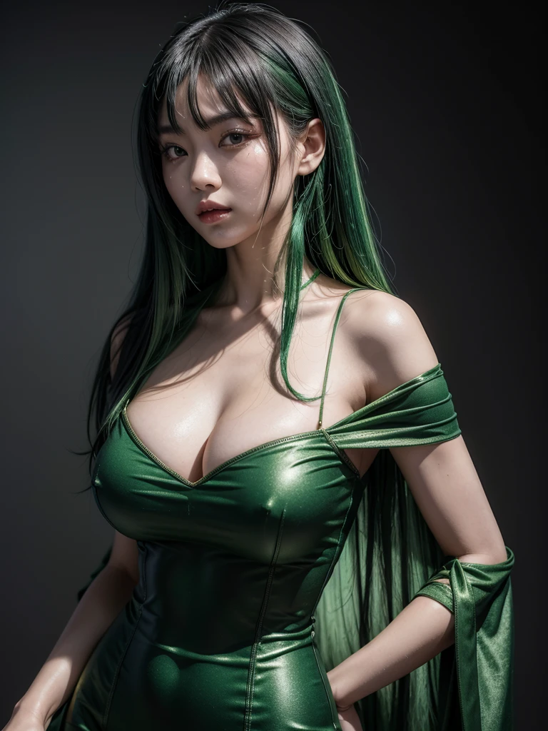 Fantasy Asian woman with slim body and big bust, straight green hair, dark background, short black dress, golden details, face portrait 