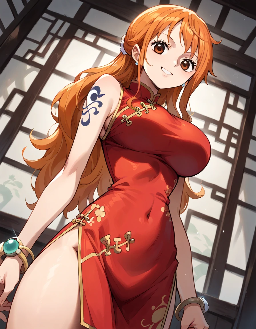 score_9, score_8_up, score_7_up, source_anime, best quality, clear face, Nami, orange hair, orange eyes, long hair, large breasts, perfect body, standing, looking at viewer, smile, china dress, red clothes, dynamic angle, indoor, from below