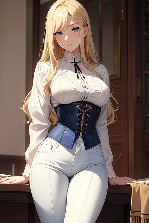 Saeki Liana, an elegant and dignified English teacher with tall stature, wavy waist-length blond hair, blue eyes, pale skin, and a stately presence, wearing a white lace shirt, a black corset, tight blue jeans, and high chocolate-colored leather boots over the jeans, reflecting her adoration for bushido and Japanese tradition.