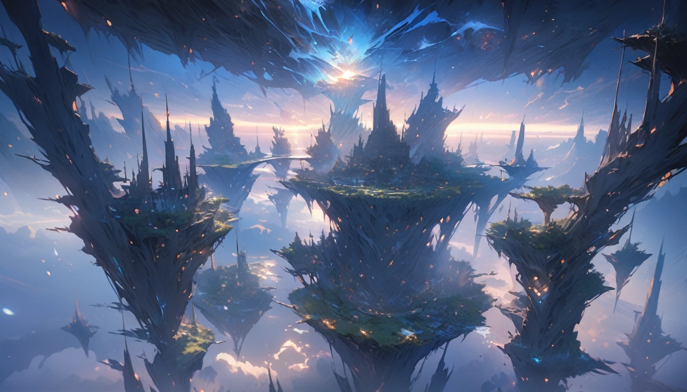 Scenery, beautiful genesis, landscape, ultra-detailed, flying islands, best quality, blue night,
