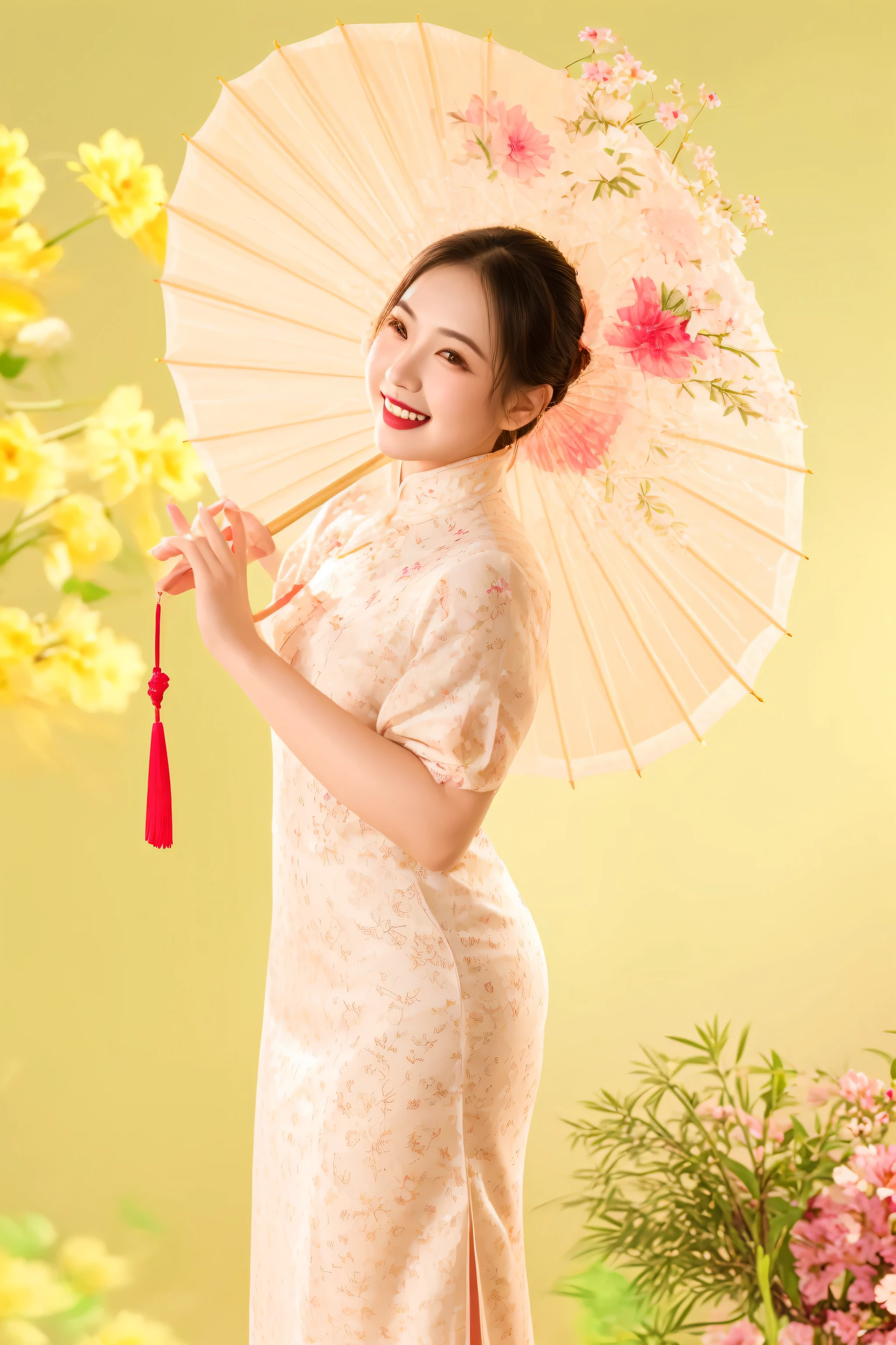 there is a woman in a dress holding a parasol and smiling, cheongsam, chinese woman, traditional chinese clothing, chinese costume, with acient chinese clothes, chinese girl, traditional chinese, a young asian woman, young asian woman, chinese dress, elegant japanese woman, chinese style, asian woman, wearing a red cheongsam, an asian woman