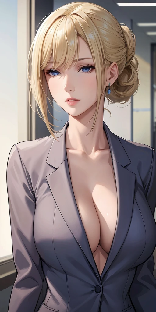 (masterpiece), Upper body, Broad shoulders, elegant mature female, blonde, bangs, updo hair, office suit, soft light, blue eyes,