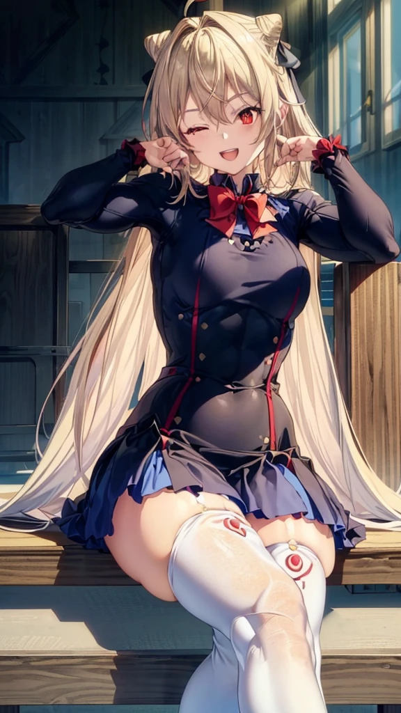 (((1 lolita girl))), when he plows, (Red eyes: 1.5), blond hair, (blond hair: 1.1), by the wide, conical bun, hair ornament, hair shots, He drowned, Stripe, Blue bow tie, (tight red sexy dress, ((Sexy tight red dress)), white thighs, white thigh highs), has, (muscular belly), well muscled abs, Wide hips, Thin waist, small breasts, (((sitting sexy pose))), ((saying goodbye to the viewer)), wearing black heels, {{{Full body photo}}}, smile, happy, with eyes closed, smiling at viewer with open mouth, REST looking at the viewer , breaking and entering, sitting on a bench in a gym, {sitting on a bench in the gym}, interval (masterpiece: 1.2), Best Quality, highest resolution, unity wallpaper 8k, (illustration: 0.8), (beautiful detailed eyes: 1.6), extremely detailed face, perfect lighting, Extremely detailed CG, (perfect anatomy), {anatomically correct}, {{perfect hands, (correct hands)}.