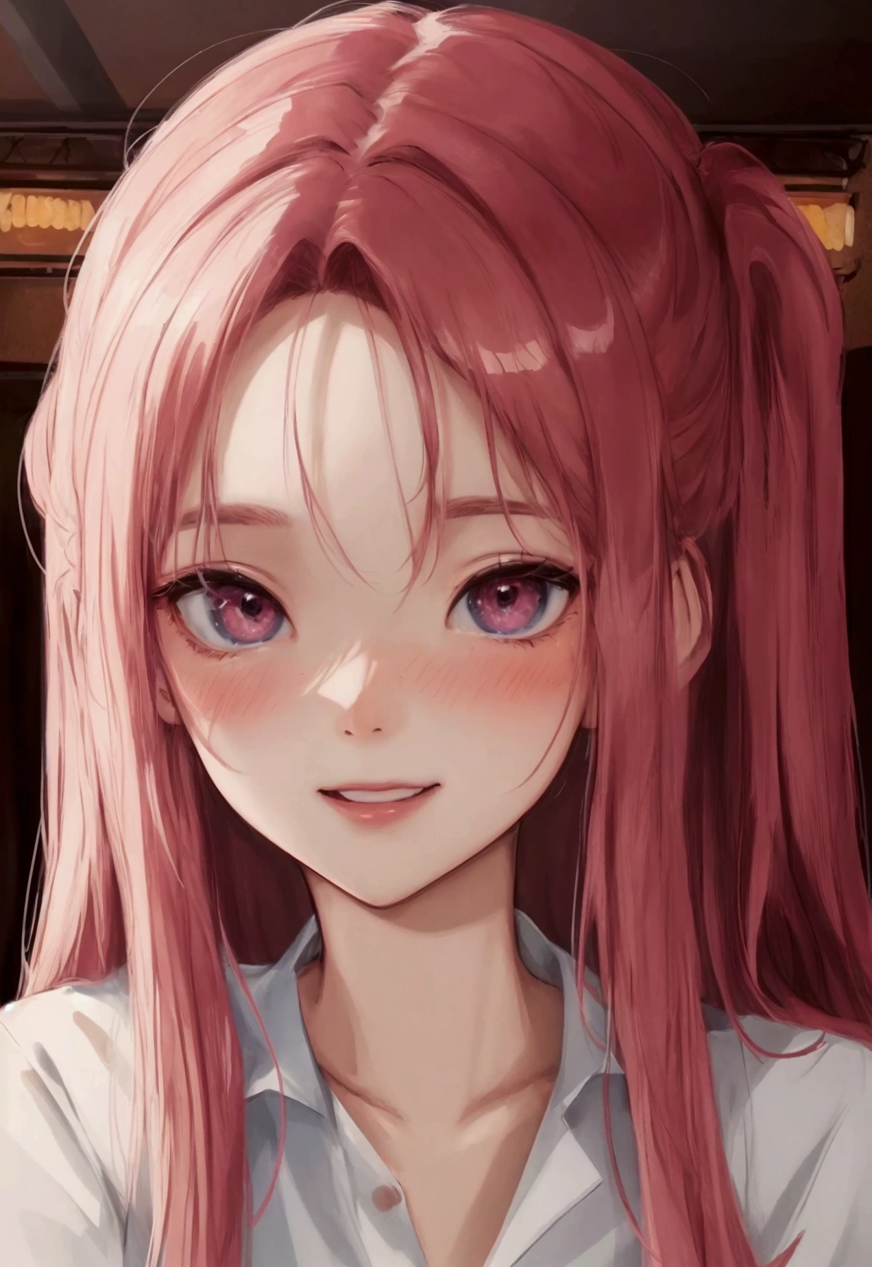 (masterpiece: 1.3), (Maximum resolution: 1.2), (Ultra High Definition TV: 1.2), Cinematic Light, 8k resolution Highly detailed face and skin texture 8k resolution
家の中 Living Room One Woman Perfect Style American casual clothes Shirt kiss Big Smile Beautiful eyes tilting their head Thin eyebrows
She looks embarrassed to have a close-up of her face Blushing Fine skin texture hair pink Camera from under the piece