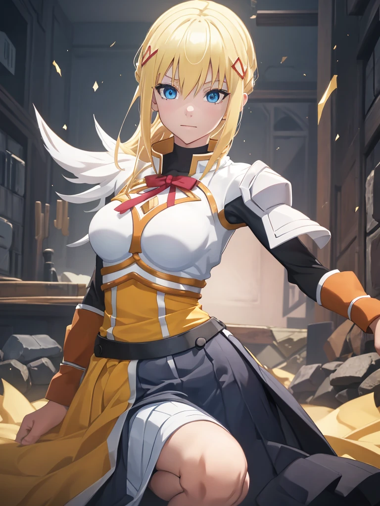 Darkness from konosuba anime, 1girl, as a highschool girl, wearing a , with white shirt and blue skirt, blonde hair, blue eyes, 8k, high detailed, high quality