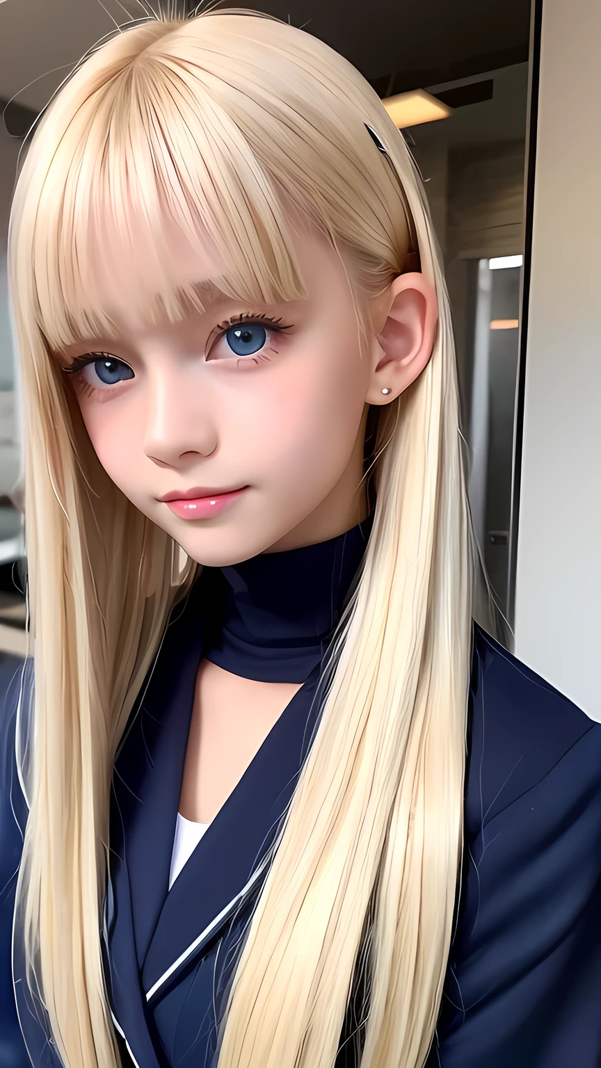 Portrait、School uniforms、Bright expression、ponytail、Young shiny glossy white glossy skin、Great looks、Blonde reflection、Platinum blonde hair with highlights、Shiny bright hair,、Smooth, super long, straight hair、Shiny beautiful bangs、Sparkling, crystal clear, attractive big blue eyes、Very beautiful, lovely and cute 16 year old girl、Ample Bust