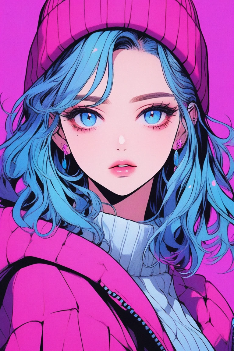 a beautiful detailed girl, realistic anime style, beautiful detailed eyes, beautiful detailed lips, extremely detailed face, beautiful girl in a sweater, 1 girl, order, blue gradient background, neon hair, textured trim, canadian, (masterpiece, best quality, 4k, 8k, highres, ultra-detailed, photorealistic)