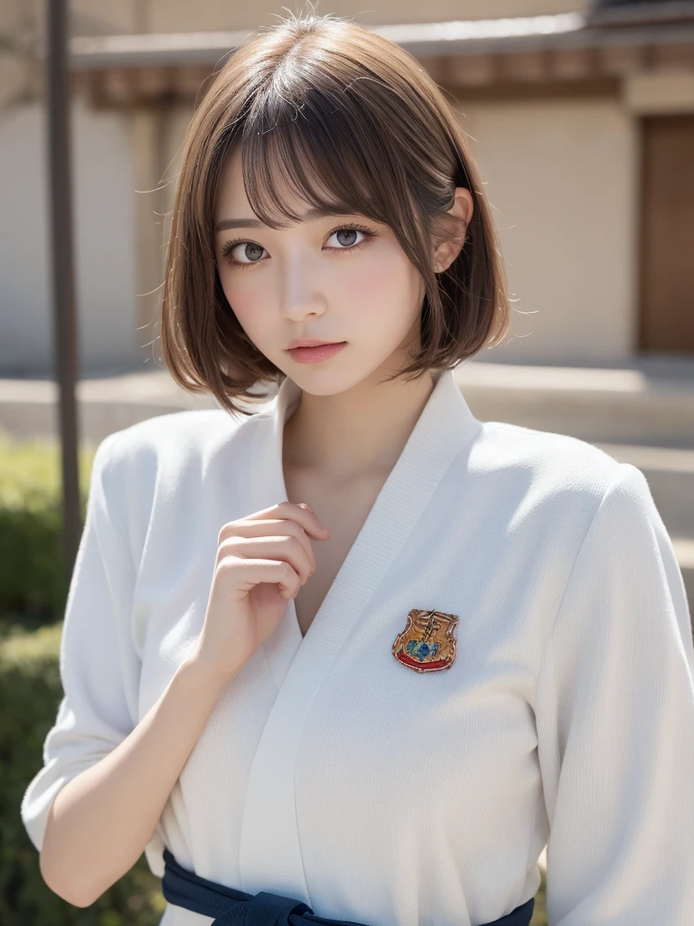 masutepiece, Best Quality,, sakura bakushin o (Umamusume),, Beautiful full-body image, (Beautiful face:1.2), Serious, Closed mouth, Mouth hold,, epaulets, Sleeveless, Yellow neckerchief, Shirt, Tying hair,