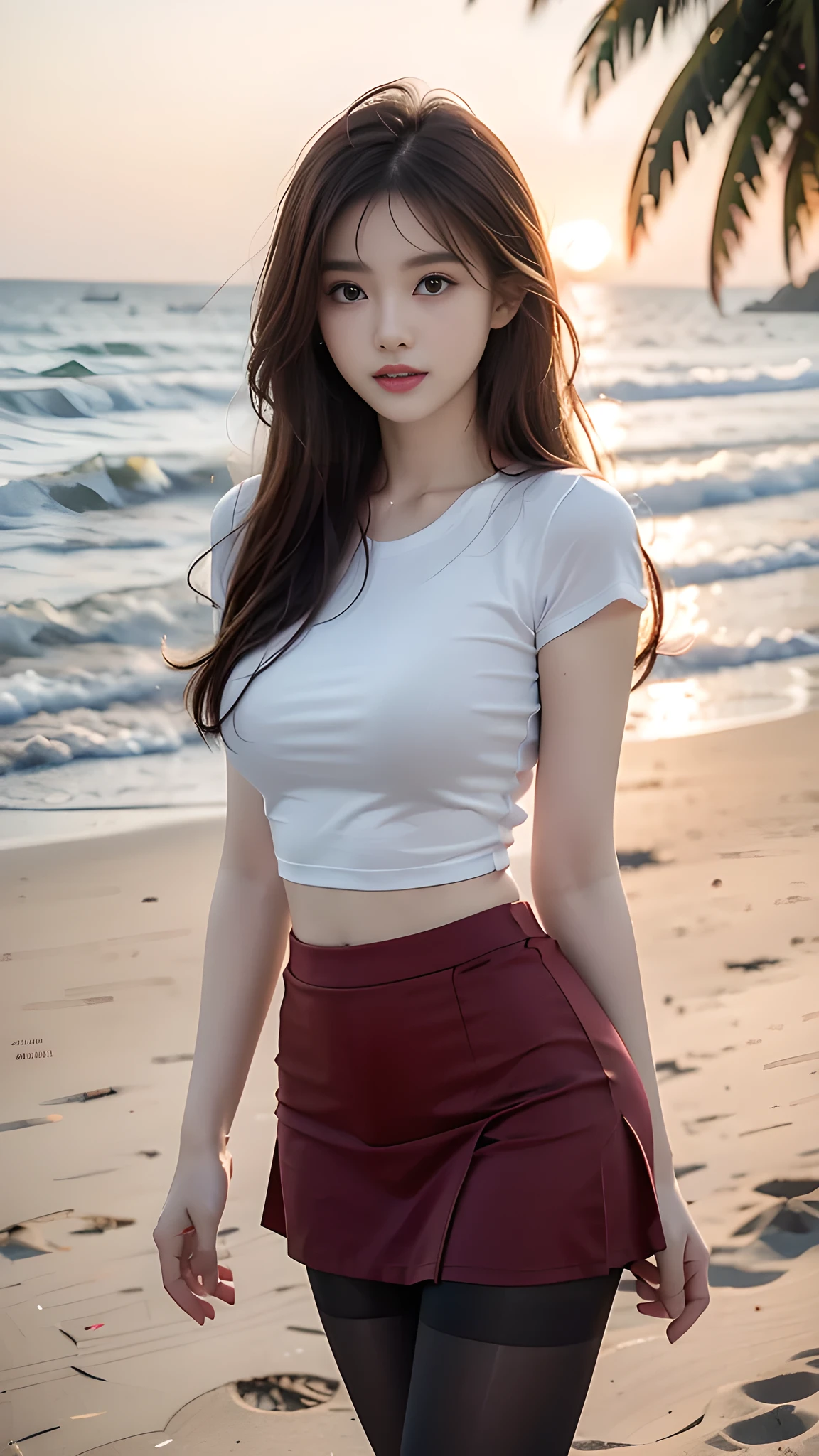 ulzzang-6500-v1.1, (RAW Photos:1.2), (Photorealistic), (Genuine:1.4), 1girl、Perfect Anatomy、20 years old、Looking at the camera、Medium Long Hair、red T-shirt, skirt, ((on the beach at sunset :1.1))、(Ultra-realistic pantyhose:1.2), (Business services)、Asian Eyes Ella,