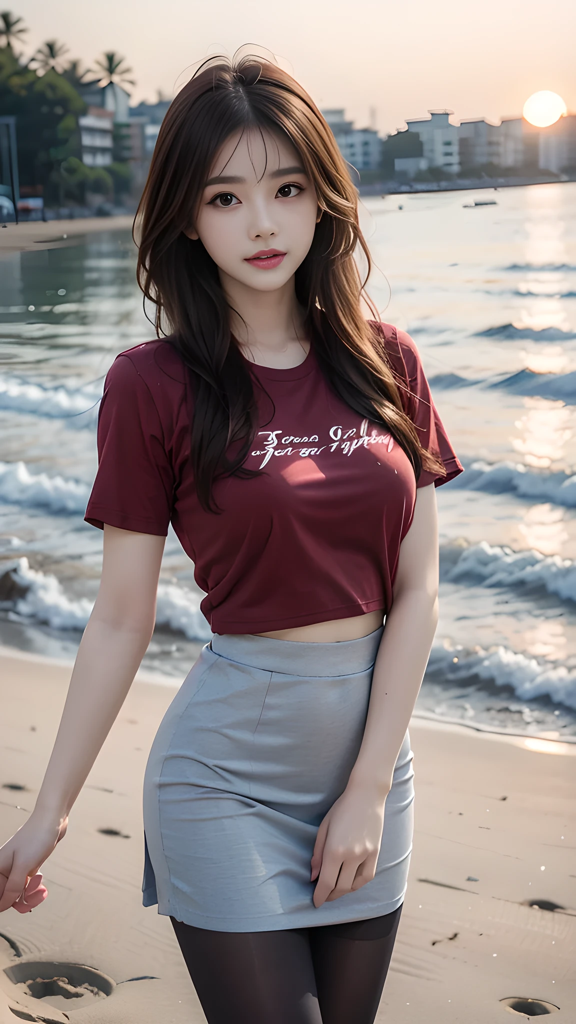 ulzzang-6500-v1.1, (RAW Photos:1.2), (Photorealistic), (Genuine:1.4), １girl、Perfect Anatomy、20 years old、Looking at the camera、Medium Long Hair、red T-shirt, skirt, ((on the beach at sunset :1.1))、(Ultra-realistic pantyhose:1.2), (Business services)、Asian Eyes Ella,