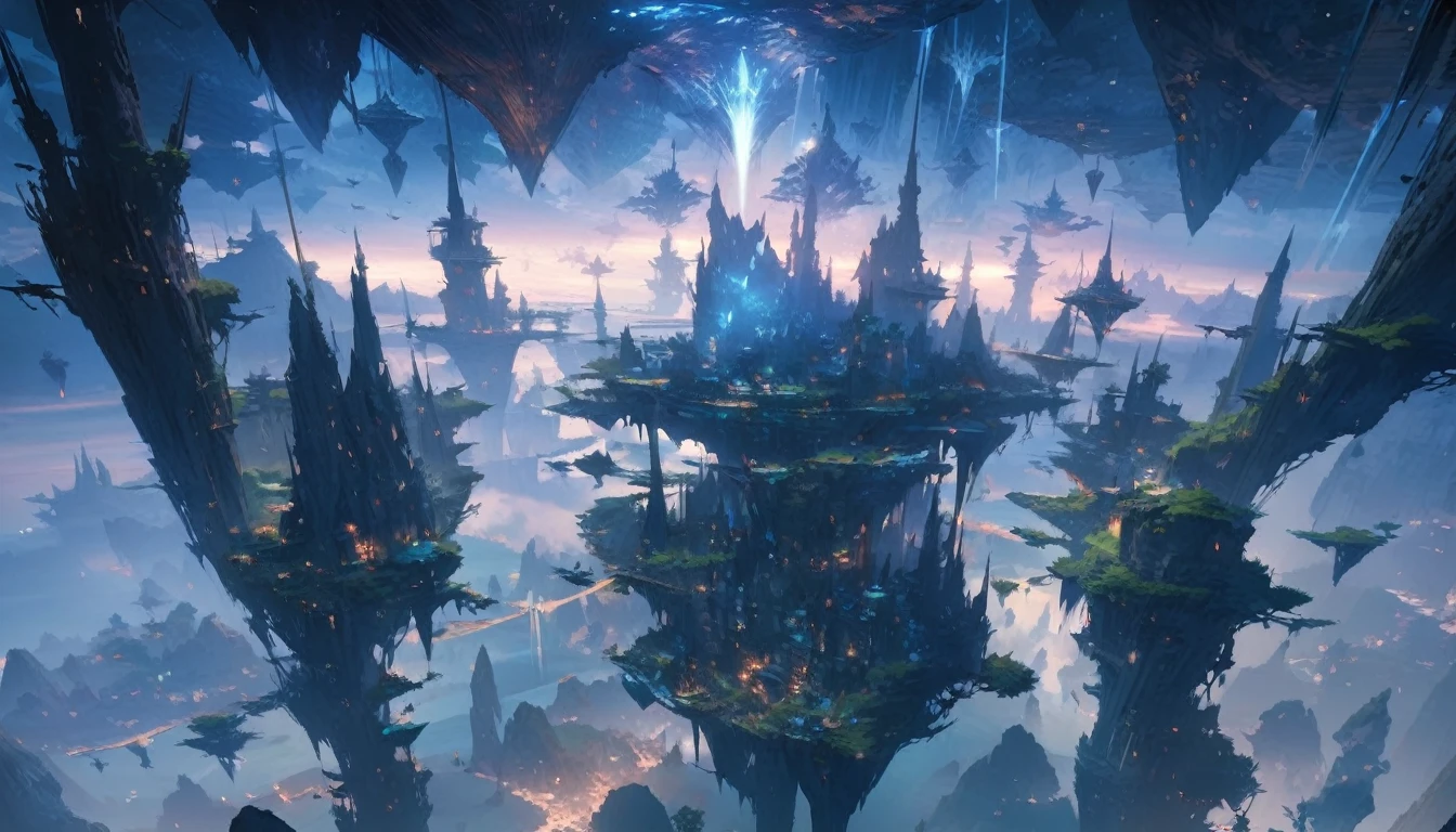 Scenery, beautiful genesis, landscape, ultra-detailed, flying islands, best quality, blue night, fantasy,