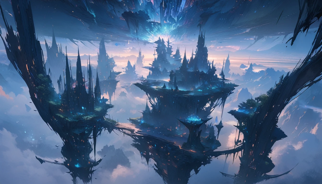 Scenery, beautiful genesis, landscape, ultra-detailed, flying islands, best quality, blue night, fantasy,