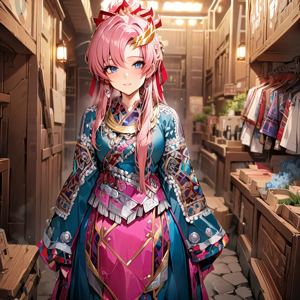 ((Highest quality)), ((masterpiece)), (detailed), （Perfect Face）、The woman is Lacus Clyne, with blue eyes, semi-long pink hair, a hair accessory, and a gorgeous ethnic outfit.