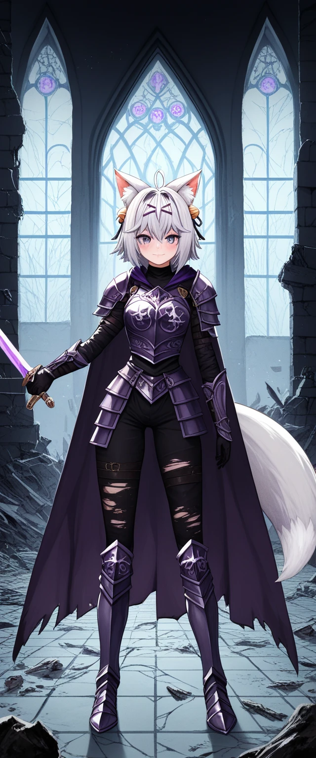 UHD, masterpiece, best quality, ((Night)), ((castle ruins)), ((battlefield)), ((destroyed empty throne)), ((destroyed walls)), broken glass, broken window, messy background, scary background, dramatic lighting, moody atmosphere, scary atmosphere, 1girl, solo, ((pageant pose)), conservative pose, black female knight armor, very elegant armor, long cape, Filian, ((fox tail)), ((small cat ears)), white hair, short hair, long hair ponytail, ahoge, hairclip, hair bell, big round eyes, deep purple eyes, ((dark purple eyes)), blush, closed mouth, smile, black arm sleeve, black gloves, thick arms, holding blood stained Excalibur sword, thick legs, black armor boots, Eye-Level Shot, full body shot, elegant pose, front view