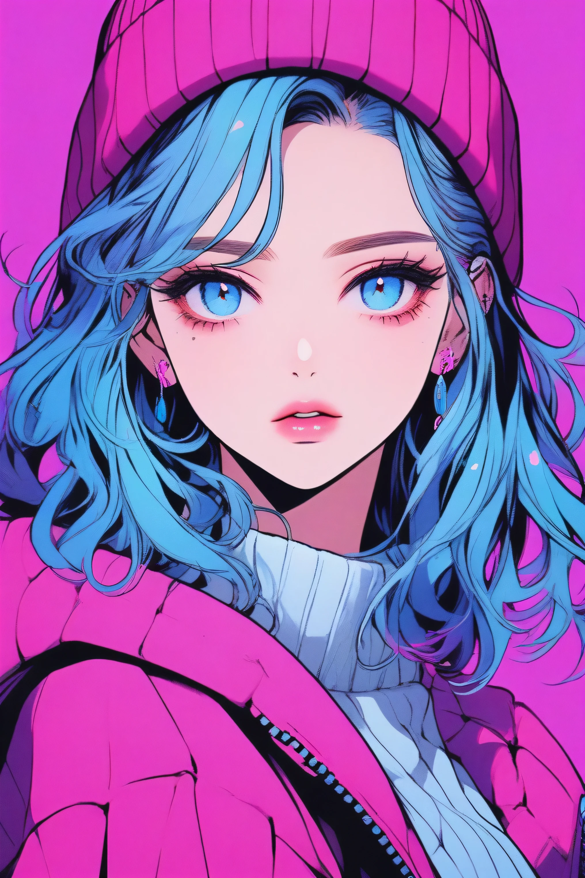 a beautiful detailed girl, realistic anime style, beautiful detailed eyes, beautiful detailed lips, extremely detailed face, beautiful girl in a sweater, 1 girl, order, blue gradient background, neon hair, textured trim, canadian, (masterpiece, best quality, 4k, 8k, highres, ultra-detailed, photorealistic)