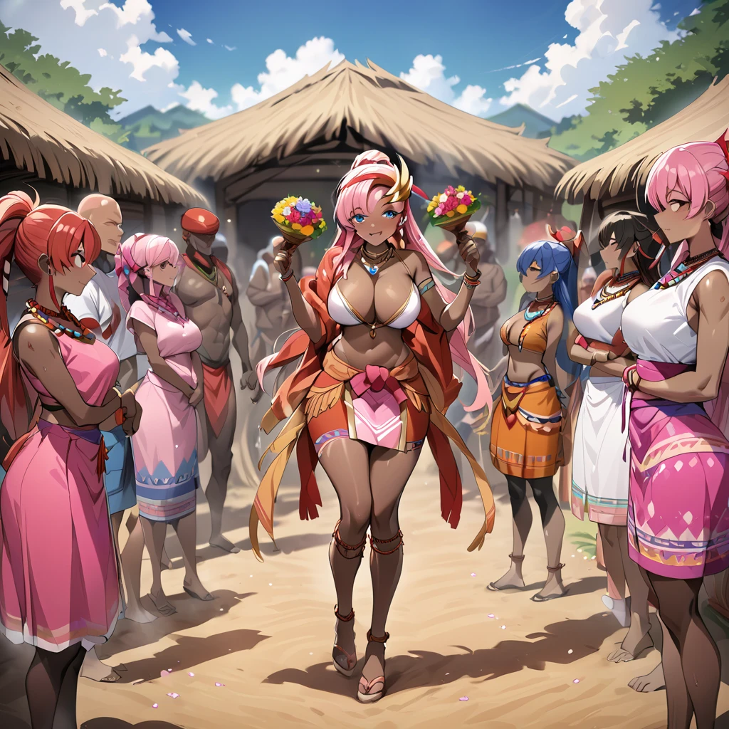 ((Highest quality)), ((masterpiece)), (detailed), （Perfect Face）、The woman is Lacus Clyne, a black-skinned woman with blue eyes and medium-long pink hair, a hair ornament, a colorful headscarf, tribal accessories such as tribal necklaces and tribal earrings, and is an indigenous African woman wearing colorful indigenous tribal clothing.、A woman is holding a wedding ceremony with a strong man of the tribe in an African native tribal village, kissing each other and making a vow.