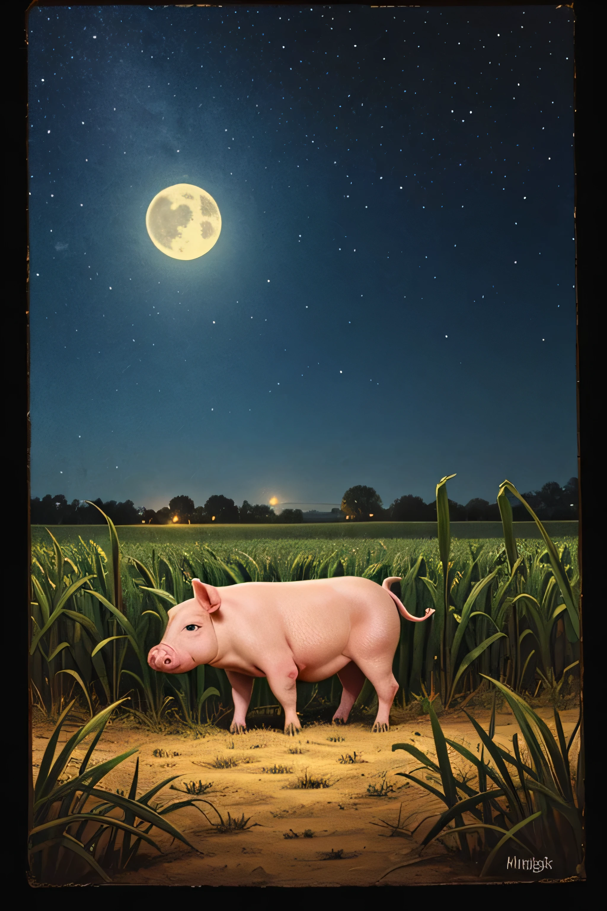 a medieval image with a normal pig alone at night in a corn field, no human shape