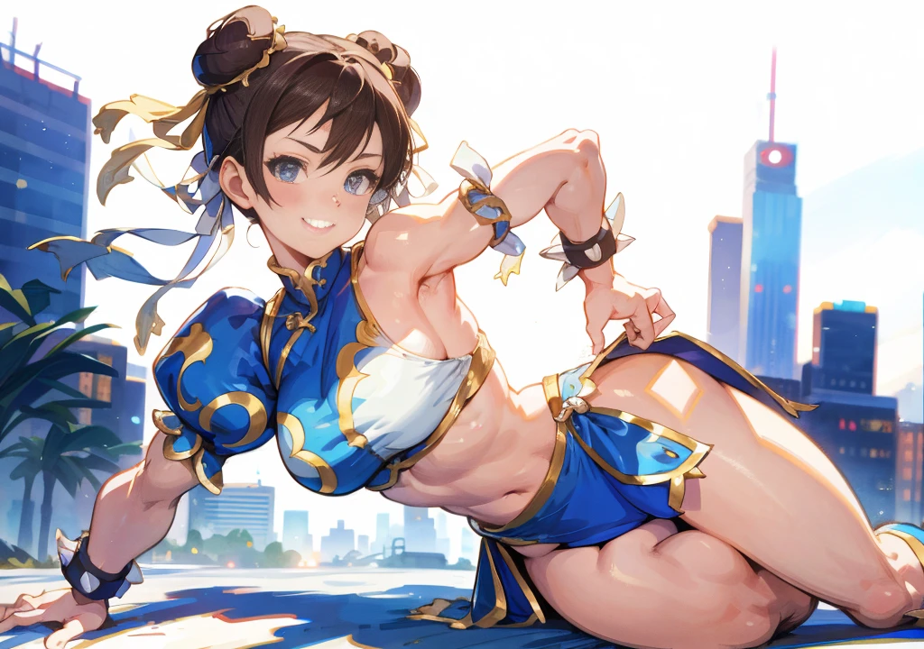 Street fighter chun li smiling, showing armpits, half naked.(((half naked))) city background, full body, white boots, wallpaper, laying.