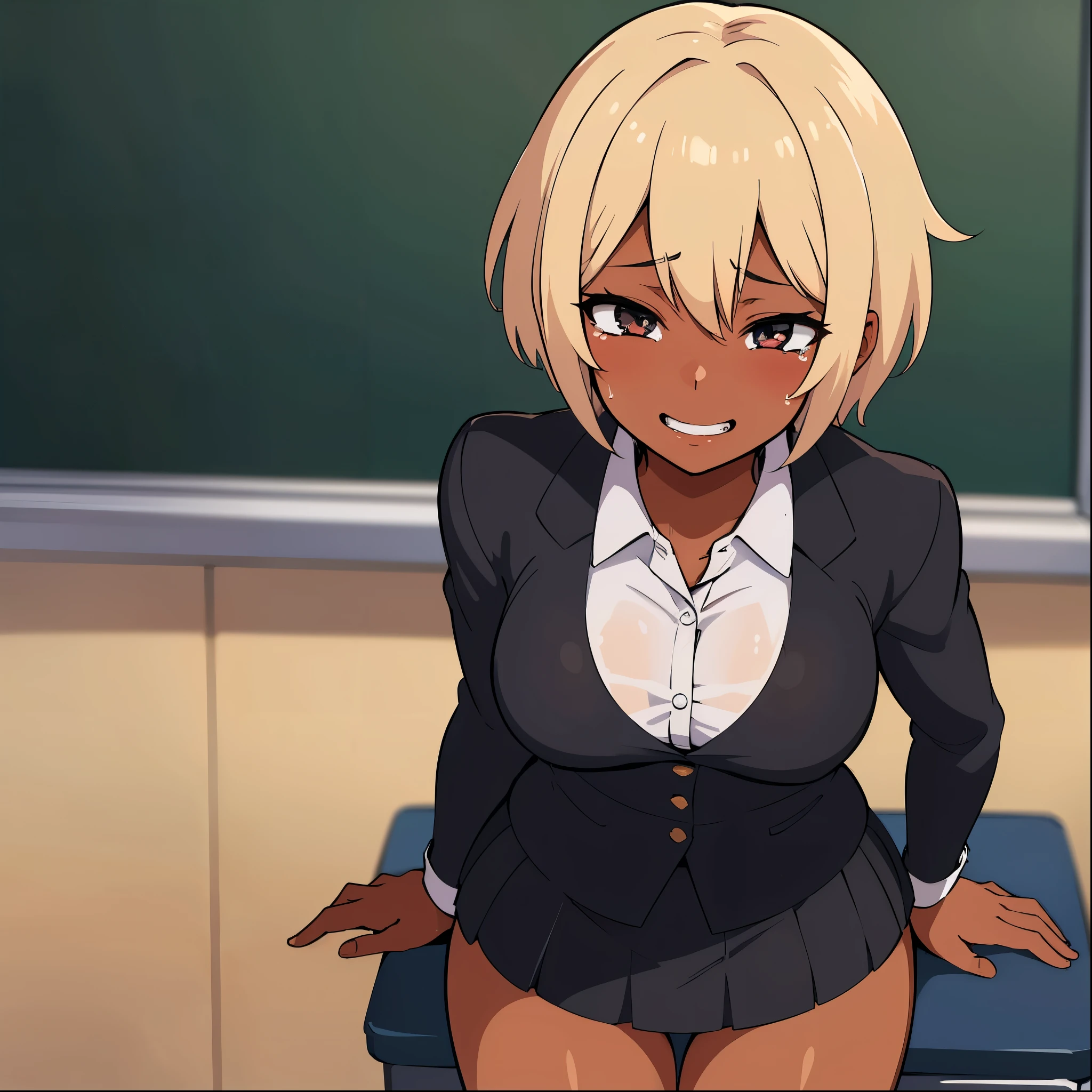 top quality, masterpiece, ultra high resolution, image of an anime girl with short blonde hair and well detailed black eyes tanned body and dark skin she is in a classroom and she is wearing a very tight  uniform and has a very short skirt she is blushing and is smiling while crying 