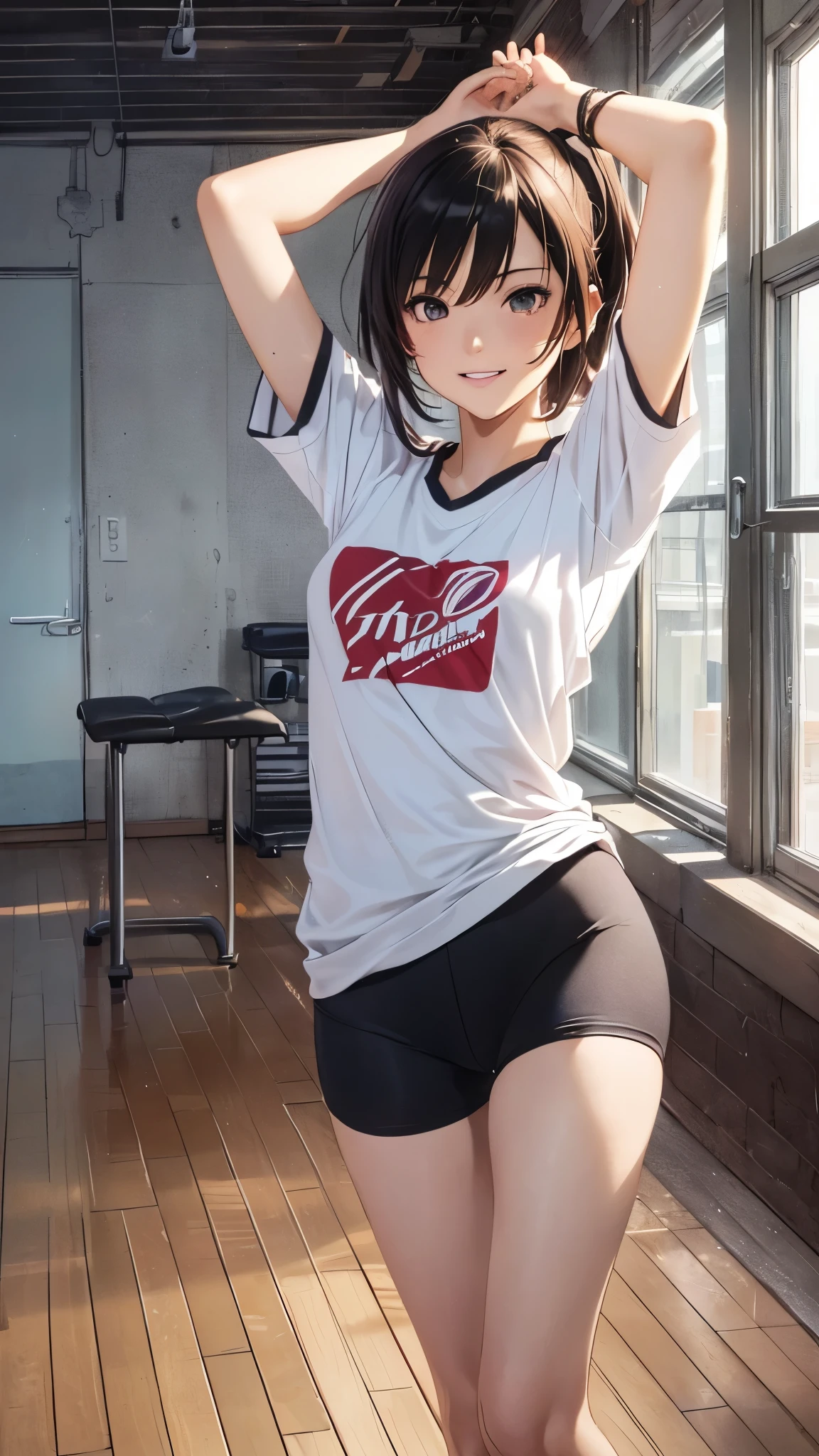 (highest quality,4K,8K,High resolution,table top:1.2), Super detailed, (realistic,photorealistic,photo-realistic:1.37), ,beautiful girl,((sweat)),((left arms up)),((jump)),,(grin and laugh),((caramel hair color)),((medium long hair)),((ponytail hairstyle)), ((messy hair)),((T-shirt and black leggings)), ((off-shoulder design T-shirt)),((long length T-shirt)),((dancing in the gym)),((loose Socks)),((loose socks)),(sneakers),espadrilles,beautiful and detailed eyes, beautiful detailed lips, highly detailed eyes and face, long eyelashes, realistic anime 3D style, Smooth anime CG art, Digital rendering by Makoto Shinkai, Moe anime art style, photorealistic rendering of an anime girl, Shinkai Makoto style, Cute anime girl visuals, realistic young anime girl, girl fan art, Created by Anime Artist&#39;studio of.