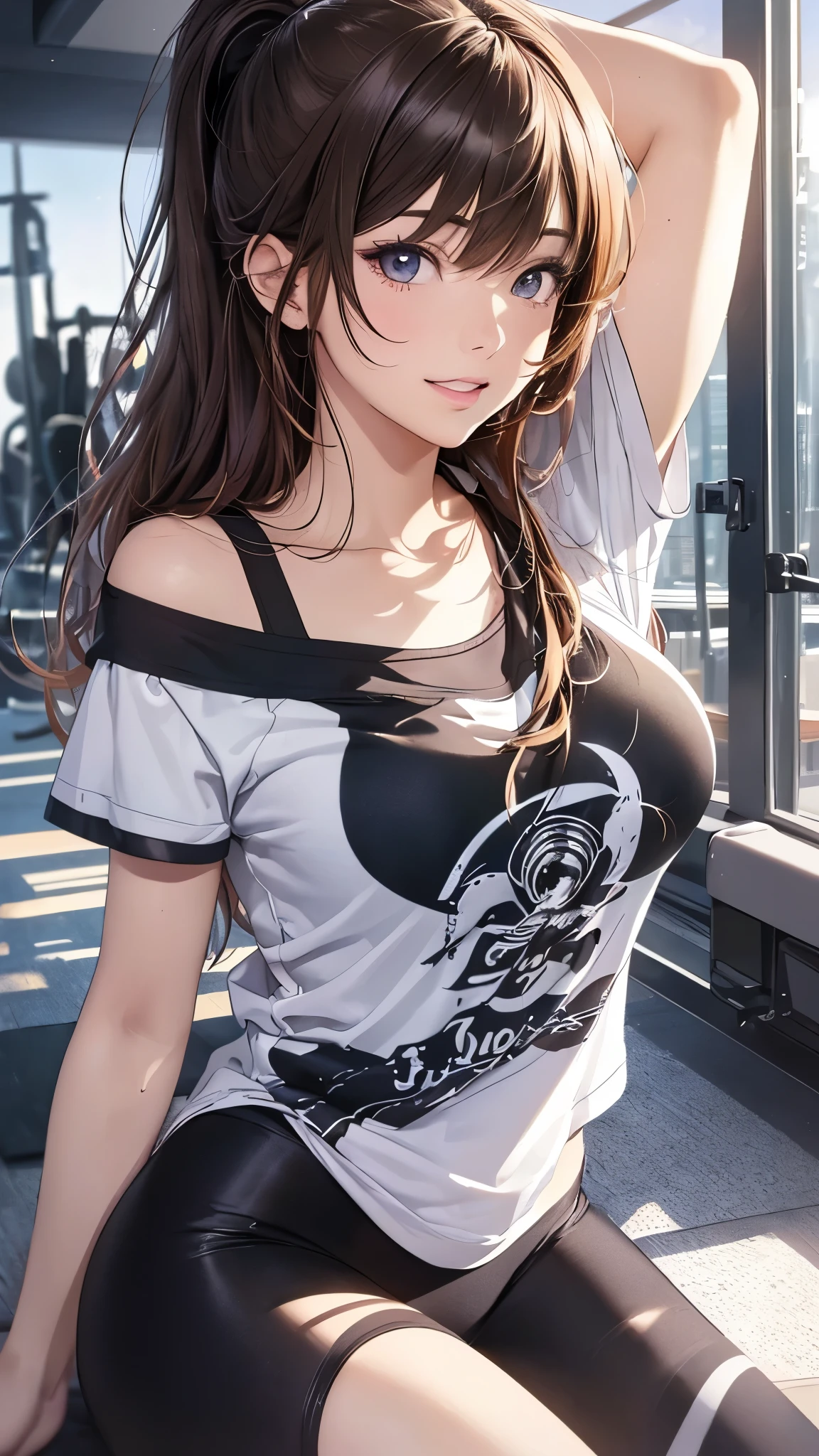 (highest quality,4K,8K,High resolution,table top:1.2), Super detailed, (realistic,photorealistic,photo-realistic:1.37), ,beautiful girl,((sweat)),((left arms up)),((jump)),,(grin and laugh),((caramel hair color)),((medium long hair)),((ponytail hairstyle)), ((messy hair)),((T-shirt and black leggings)), ((off-shoulder design T-shirt)),((long length T-shirt)),((dancing in the gym)),((loose Socks)),((loose socks)),(sneakers),espadrilles,beautiful and detailed eyes, beautiful detailed lips, highly detailed eyes and face, long eyelashes, realistic anime 3D style, Smooth anime CG art, Digital rendering by Makoto Shinkai, Moe anime art style, photorealistic rendering of an anime girl, Shinkai Makoto style, Cute anime girl visuals, realistic young anime girl, girl fan art, Created by Anime Artist'studio of.