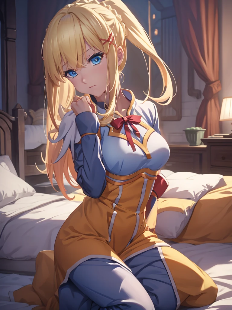 Darkness from konosuba anime, 1woman, wearing a cute pajamas at morning bed , blonde hair, blue eyes, 8k, high detailed, high quality