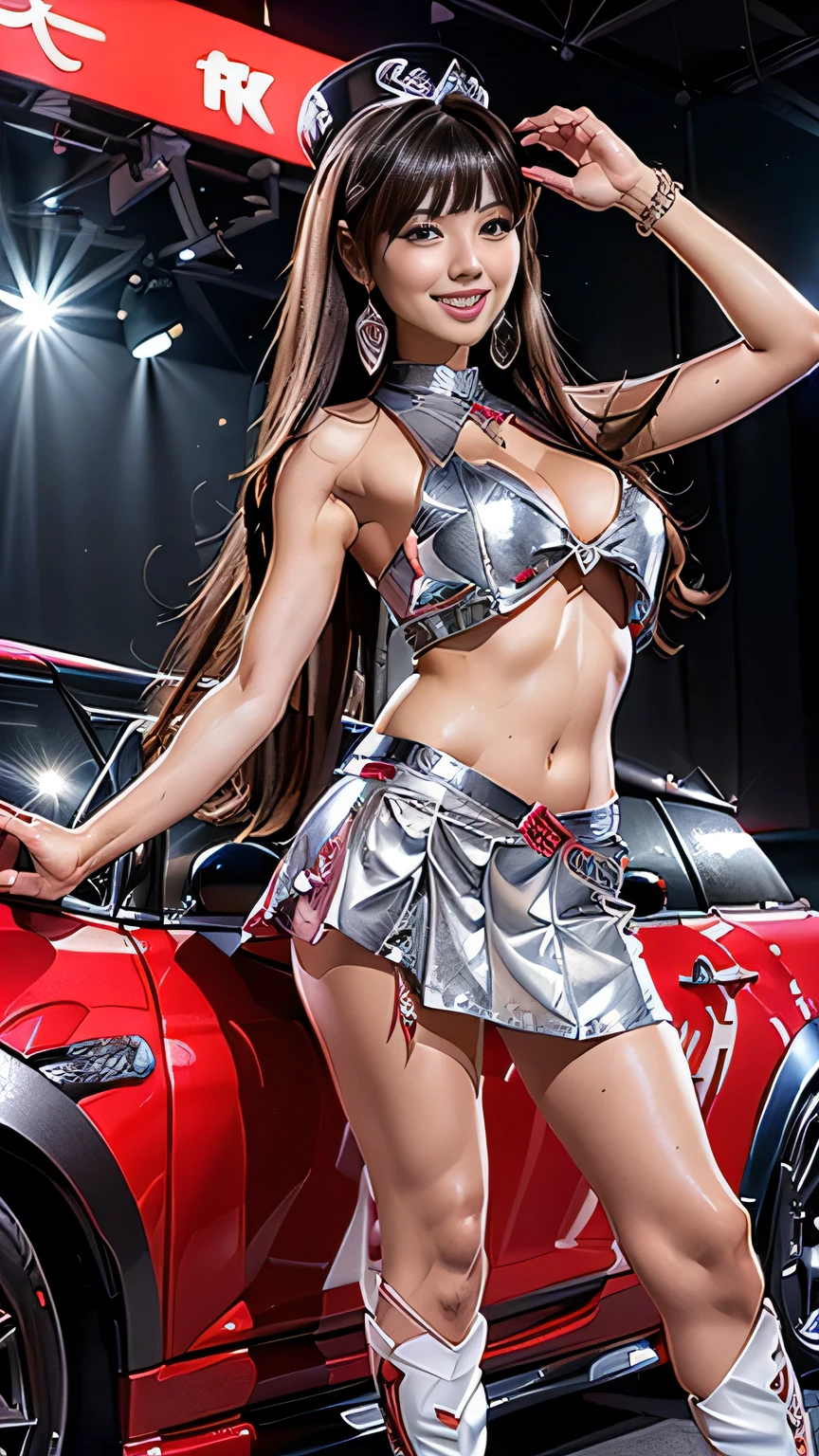 (Highest quality、8k、masterpiece:1.3)、Beautiful woman with perfect figure:1.4、((Dark brown super long hair))、((Her hair is super long, reaching down to her waist))、26 years old、Beautiful Japanese、Beautiful Face、Slender figure、Tall, 170cm tall、Beautiful female curves、Wearing a pendant、((カラフルなRace Queenのコスチューム))、((A tight mini skirt))、((Race Queen))、Midriff look、Highly detailed face and skin、fine grain、double eyelid、(Big Breasts )、 Big Ass、Tight waist、Long and beautiful legs、White sexy high heels、Standing a short distance away、((((whole body))))、Bewitching atmosphere、((smile))、((Motor show event space))