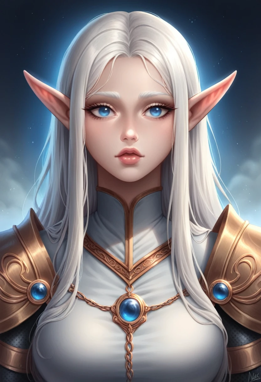 dark style, Luxearte style, wlop style, portrait, Delicate face, Beautiful woman, Full lips, elf, 12th century, blue eyes, Briot, Lord of the Rings armor, white hair, Nearly perfect, Clean Delicate face, glowing shadow, beautiful gradient, Depth of Field, Clean Graphics, high quality, High Detail, HD, Luminous Studio graphics engine