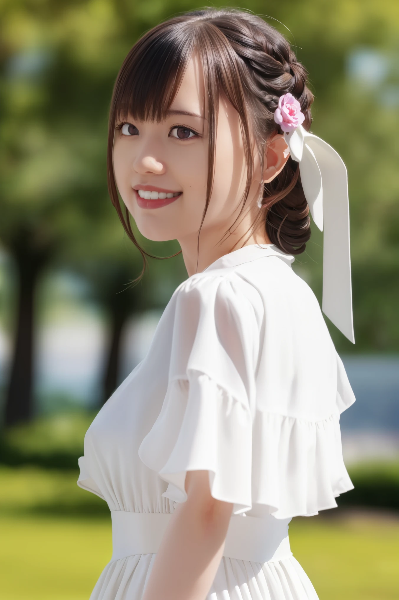 1girl,{euphyllia_magenta_tenseioujototensaireijounomahoukakumei:1.15}, purple_eyes, long_hair, bangs, grey_hair, braid, bow, blurry, hair_bow, hair_ornament,,(RAW photo, best quality), (realistic, photo-realistic:1.4), masterpiece, an extremely delicate and beautiful, extremely detailed, 2k wallpaper, Amazing, finely detail, extremely detailed CG unity 8k wallpaper, ultra-detailed, highres, soft light, beautiful detailed girl, extremely detailed eyes and face, beautiful detailed nose, beautiful detailed eyes,cinematic lighting,perfect anatomy,
wearing a white avantgarde peplum dress,white skirt,(bokeh:1.2)
at a flower park,sakura flowers,flower garden,
 smile