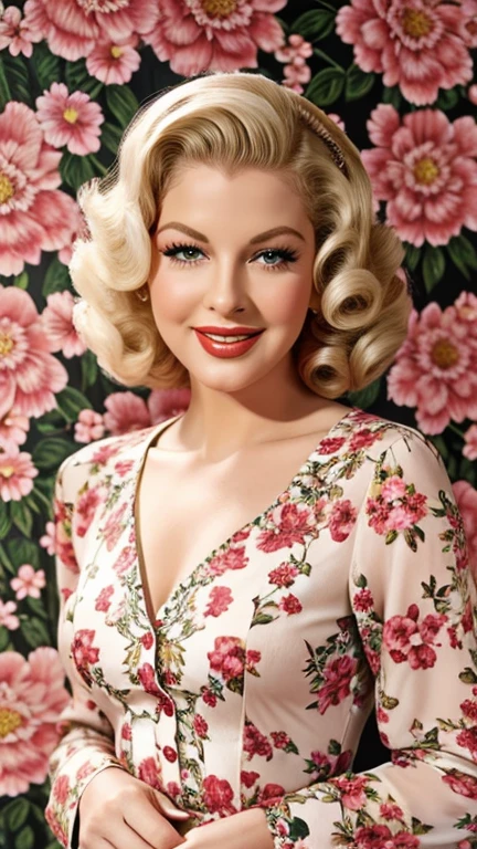 Lana Turner wearing floral clothing and smiling