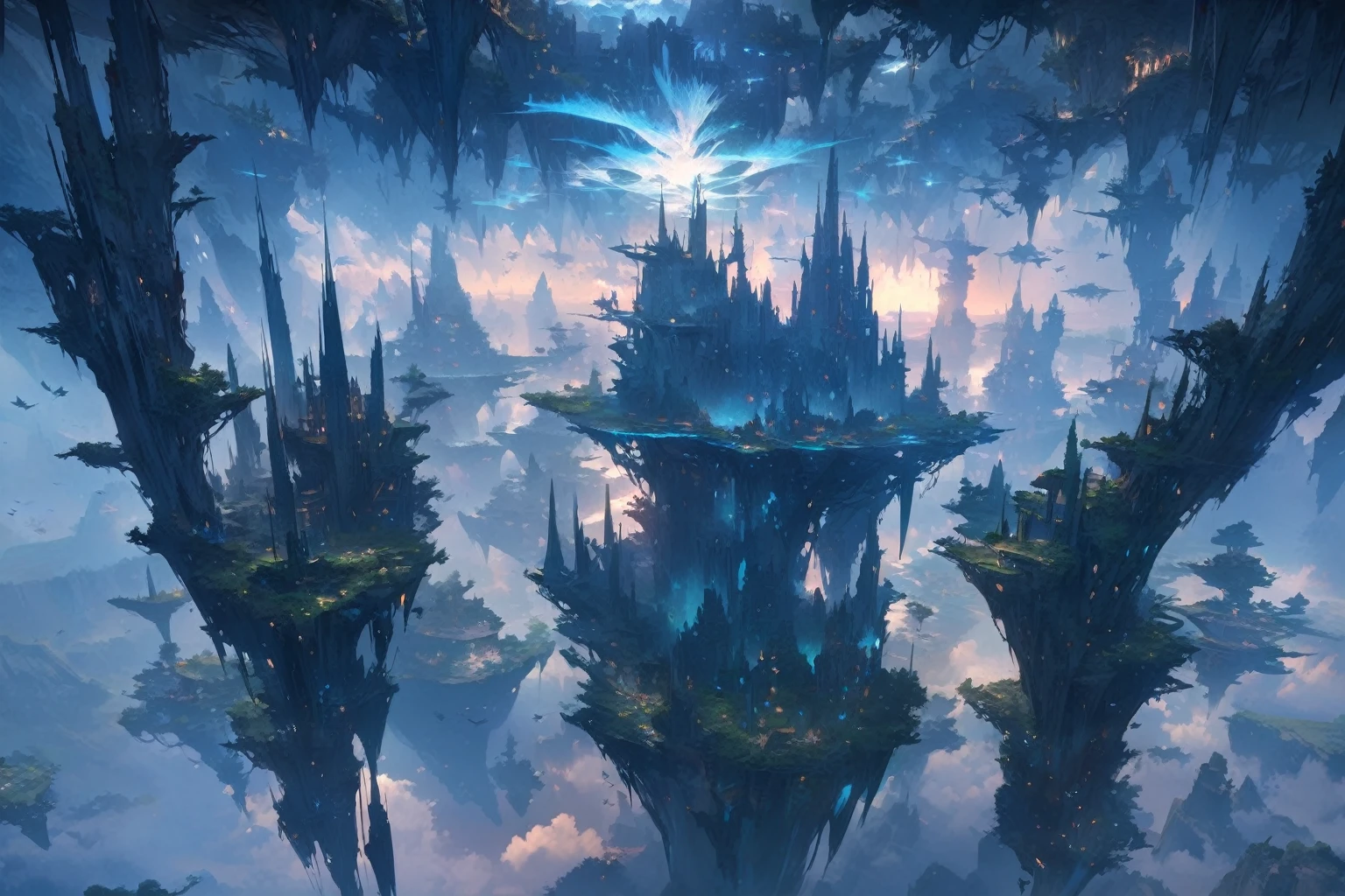 Scenery, beautiful genesis, landscape, ultra-detailed, flying islands, best quality, blue night, fantasy,