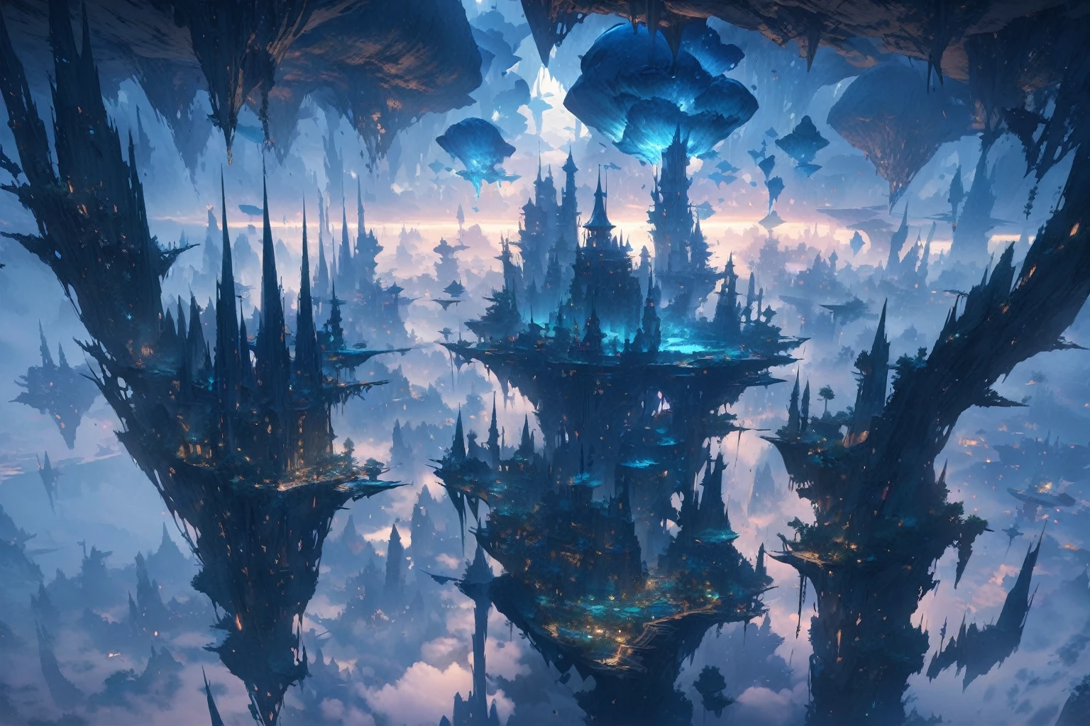 Scenery, beautiful genesis, landscape, ultra-detailed, flying islands, best quality, blue night, fantasy,