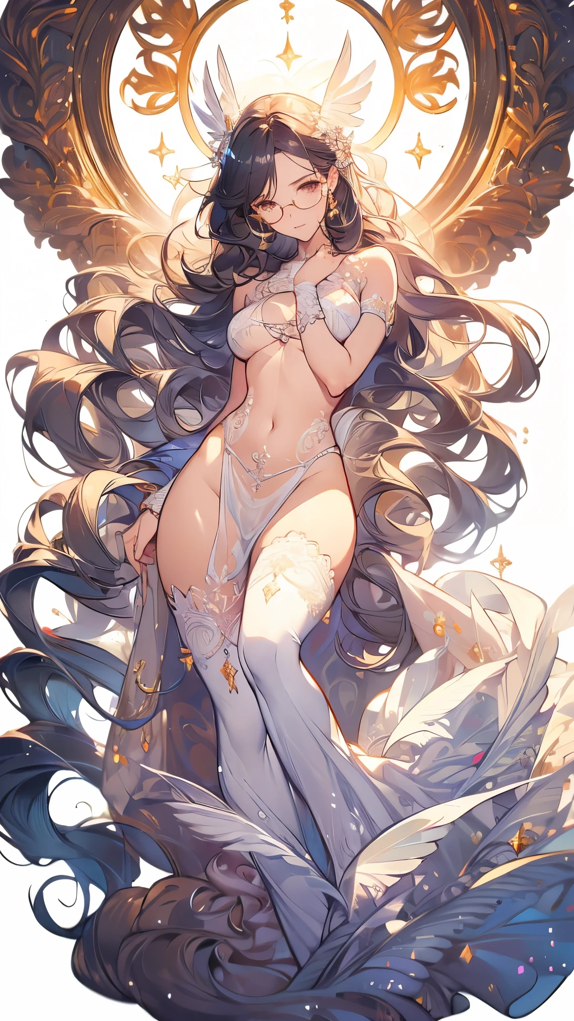 ((masterpiece, best quality)), Delicate face，goddess，little angel，Full body painting，Perfect body proportions，Long wavy hair，Nice white eyes，Fantasy style，White background，transparent，Sex bikini，Lace，Glasses，feather，NUDE