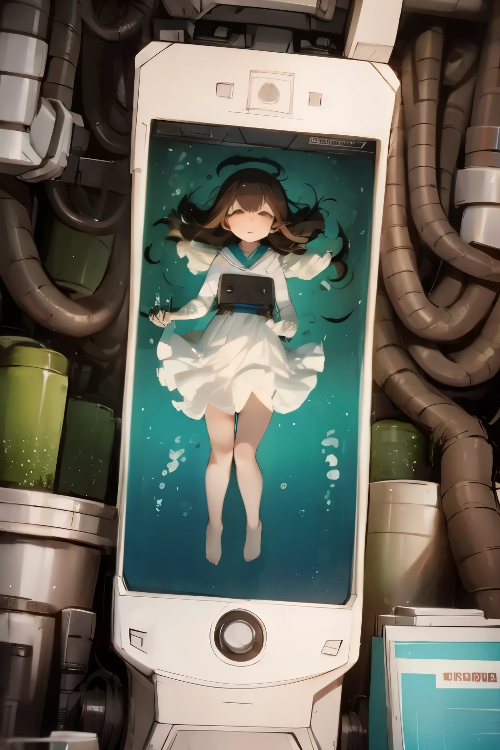 1girl, brown hair, submerged