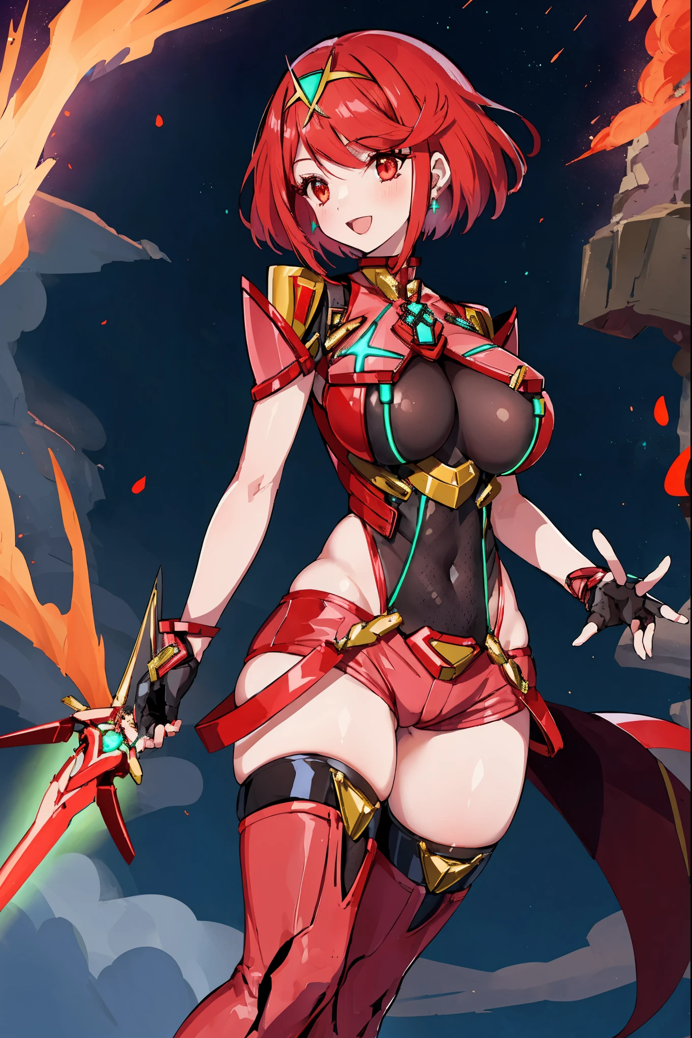 pyra \(xenoblade\), young__1girl, armor, bangs, black gloves, breasts, red eyes, closed mouth, earrings, eyelashes, fingerless gloves, floating hair, framed breasts, gem, gloves, hair ornament, headpiece, jewelry, big_breasts, leaning back, leotard, neon trim, official art, pose, red hair, red shorts, saitou masatsugu, short hair, short shorts, short sleeves, shorts, sidelocks, skin tight, solo, standing, swept bangs, thighhighs, tiara, night_prairie_background, turtleneck, underbust, vambraces, xenoblade chronicles \(series\), (xenoblade chronicles 2), apart_legs, fire_effect,dynamic_pose_fighting,light_smile, (plump:1.1), big_ass,huge_sword, hold_large_sword_hilt, solo, covered_nipples, covered_pussy,open_mouth,back_view,