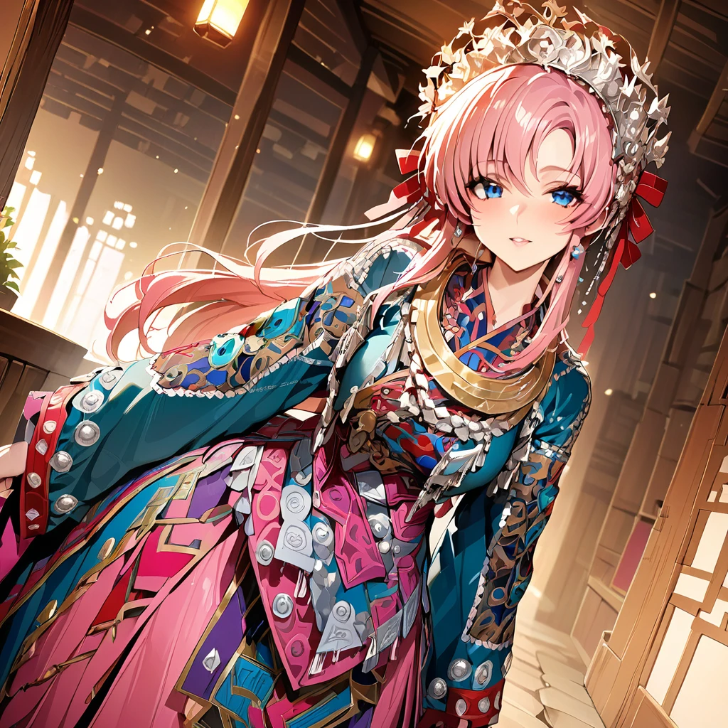 ((Highest quality)), ((masterpiece)), (detailed), （Perfect Face）、The woman is Lacus Clyne, with blue eyes, semi-long pink hair, and is wearing a gorgeous national costume and a gorgeous headdress.