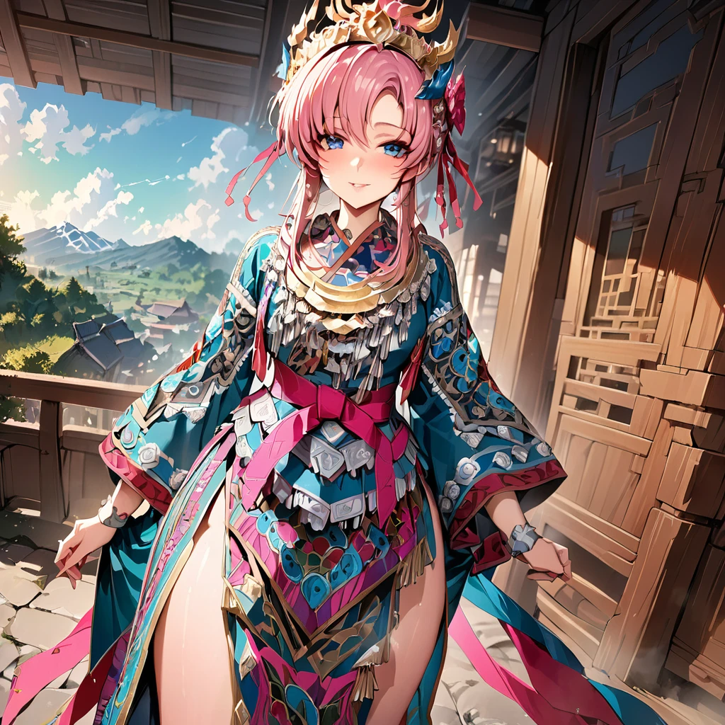 ((Highest quality)), ((masterpiece)), (detailed), （Perfect Face）、The woman is Lacus Clyne, with blue eyes, semi-long pink hair, and is wearing a gorgeous national costume and a gorgeous headdress.