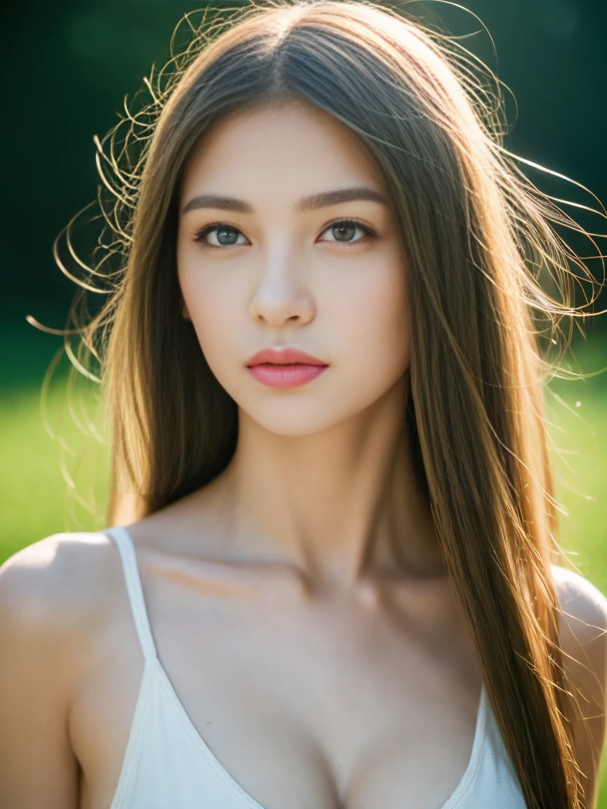 ((Full color)),(Award-winning glamour full body photographgraph of a gorgeous 1girl, Russia, full body image, Her hair is messy..))), ((Russia人の顔)), ((small nose, Perfect nose)), (green eyes), ((Blonde and dark hair)), ((18 year old ager)), (Sunburn), (The body is slender.), Film texture, Medium quality, Small and tight breasts, ((middle of chest)), innocent, complicated details, very detailedな, Sharp focus, professional, 4K, God'lift, golden hour, Hand model, green eyesที่น่าทึ่ง, , delicate, innocent, high resolution, Detailed facial features, Highly detailed, Sharp focus, smooth, beautiful, very detailed, photograph_\(Ultra\), photographrealistic, realistic, After processing, Highly detailedสุด, Roughness, real life, Ultra realistic, photographrealism, photographgraphy, 8K UltraHD, photographgraphy, Russia人の顔, fashion color grading, 短いドレスを着てphotographを撮る女性, Short tight dress, standing elegant posture, photograph of slim girl model, Elegant smile pose, Model standing pose, Leotard, elegant postureและน่าดึงดูด, elegant movie poses, elegant posture, tracer in a Leotard