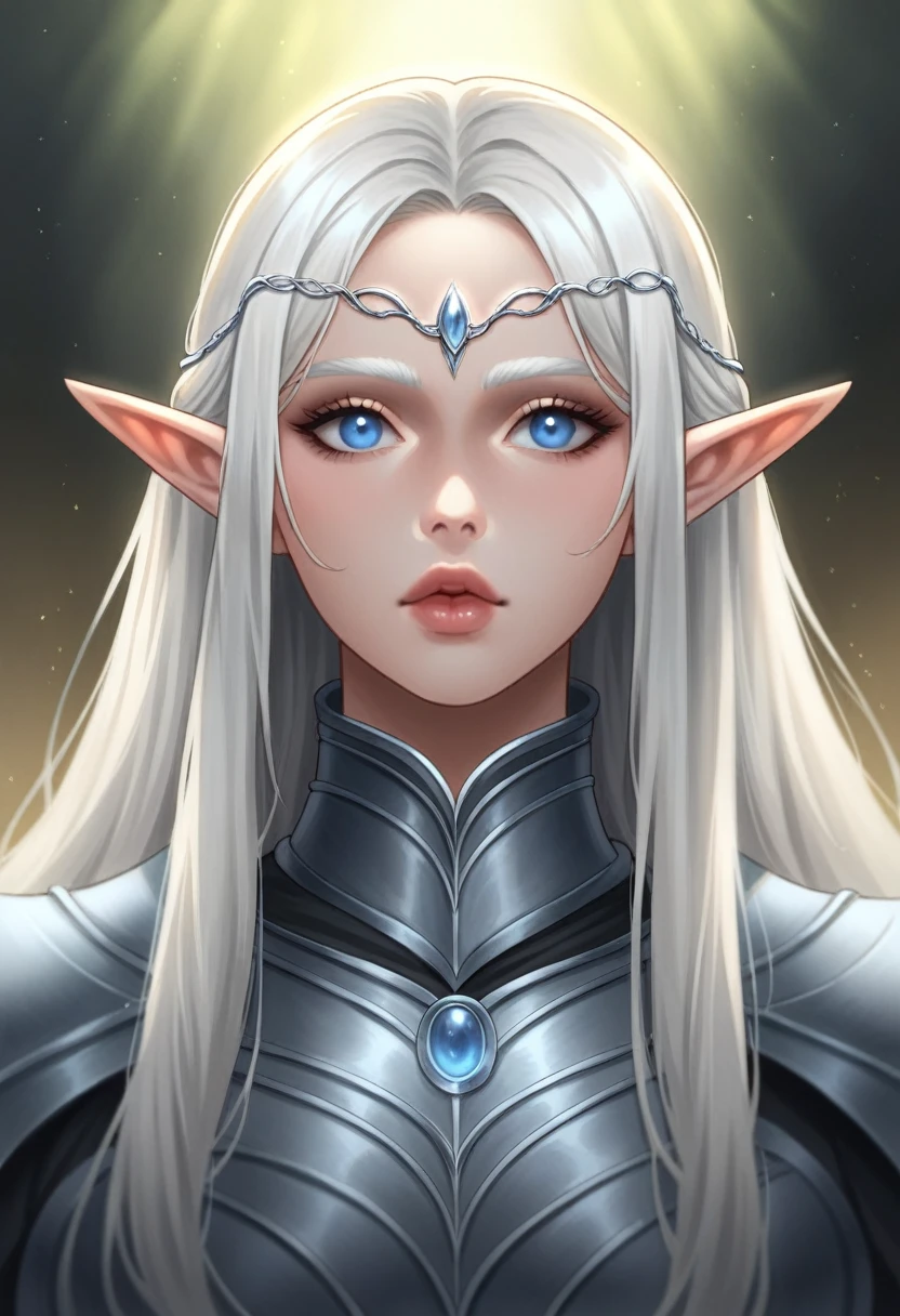 dark style, wlop style, portrait, Delicate face, Beautiful woman, Full lips, elf, 12th century, blue eyes, Briot, Lord of the Rings armor, white hair, Nearly perfect, Clean Delicate face, glowing shadow, beautiful gradient, Depth of Field, Clean Graphics, high quality, High Detail, HD, Luminous Studio graphics engine
