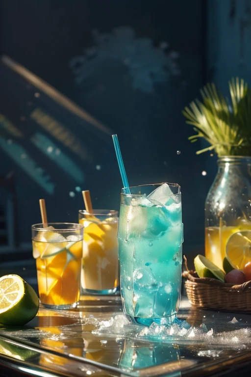 (masterpiece:1.2, Highest quality,Highest quality,Super detailed:1.2),(Very detailed),8k,(Photorealistic),(RAW Photos:1.2),A clear, stylish glass on the table contains melon soda.,Carbonated bubbles,straw,Carbonated water with ice cream on top,Beach under the scorching sun,(Beautiful blue sky),((Sunlight reflecting off the glass)),(Cool looking photo),