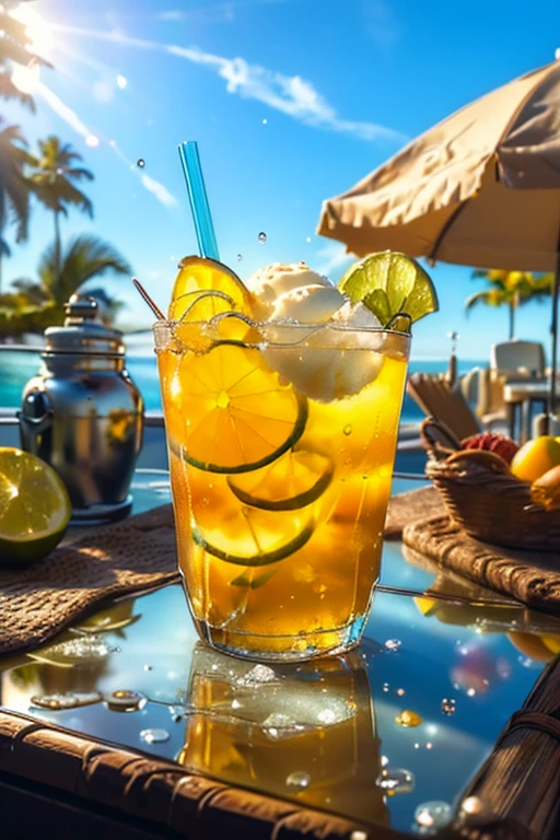(masterpiece:1.2, Highest quality,Highest quality,Super detailed:1.2),(Very detailed),8k,(Photorealistic),(RAW Photos:1.2),A clear, stylish glass on the table contains melon soda.,Carbonated bubbles,straw,Carbonated water with ice cream on top,Beach under the scorching sun,(Beautiful blue sky),((Sunlight reflecting off the glass)),(Cool looking photo),