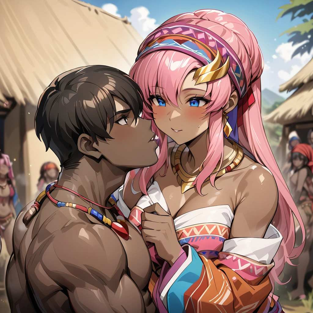 ((Highest quality)), ((masterpiece)), (detailed), (Perfect Face)、The woman is Lacus Clyne, a black-skinned woman with blue eyes and medium-long pink hair, a hair ornament, a colorful headscarf, tribal accessories such as tribal necklaces and tribal earrings, and is an indigenous African woman wearing colorful indigenous tribal clothing.、A woman is holding a wedding ceremony with a strong man of the tribe in an African native tribal village, kissing each other and making a vow.