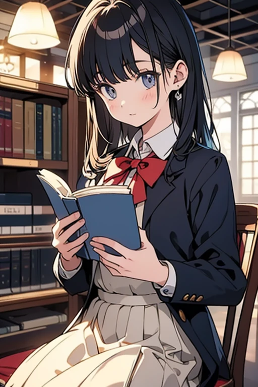 Masterpiece, delicate, high quality, 8k, high school girl, cute, alone, uniform, Reading in the library, Simple Background