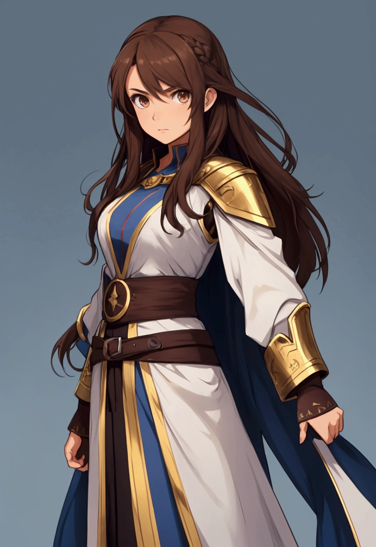 full portrait, simple female wizard, long brown hair, battle hardened, calmly standing, early 20s, brown eyes, plain and simple blue background, shining force style